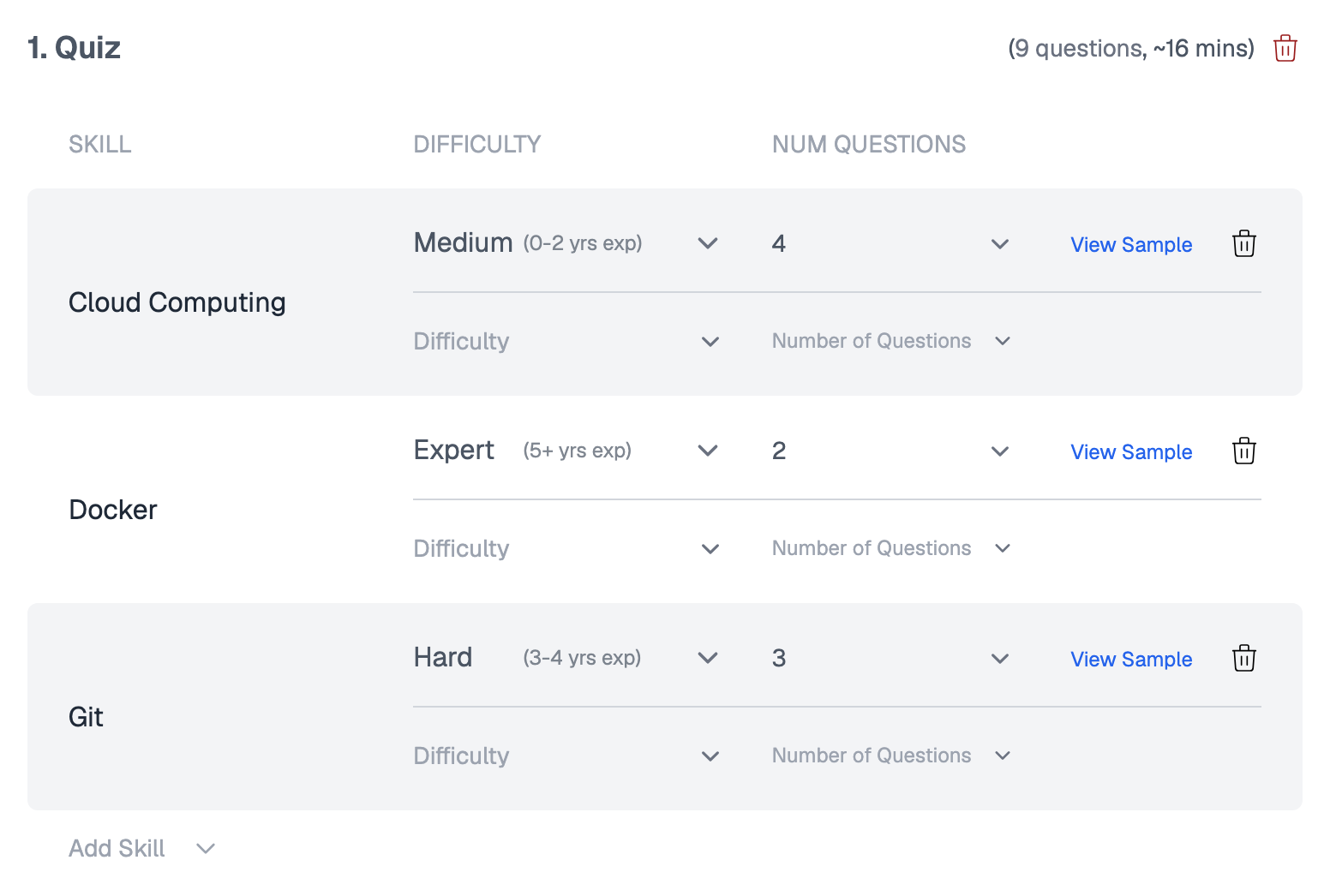 Quiz in the assessment builder with Cloud Computing set to Medium (0-2 yrs exp), Docker set to Expert (5+ yrs exp) and Git set to Hard (3-4 yrs exp), each with a number of questions