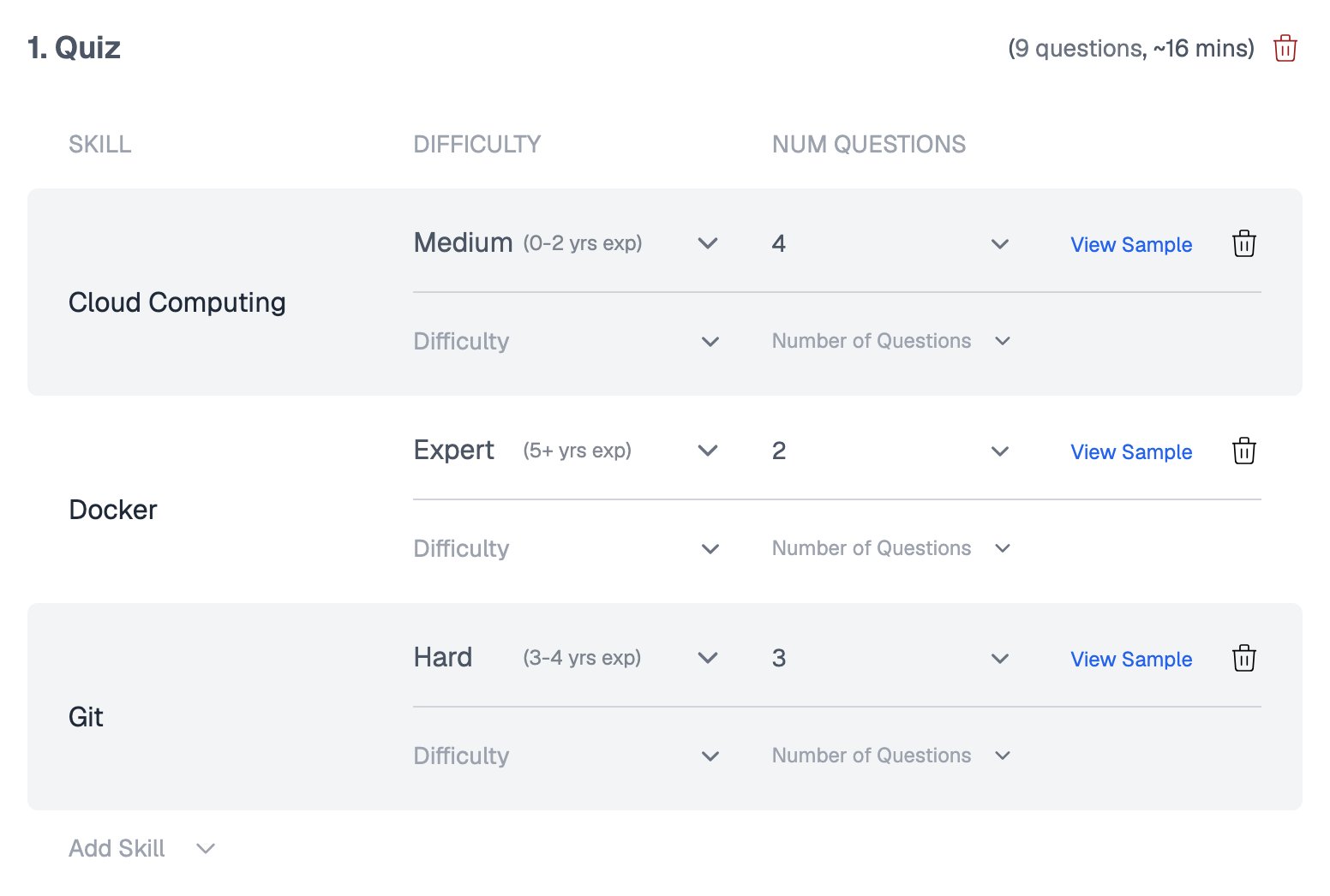 Quiz in the assessment builder with Cloud Computing set to Medium (0-2 yrs exp), Docker set to Expert (5+ yrs exp) and Git set to Hard (3-4 yrs exp), each with a number of questions