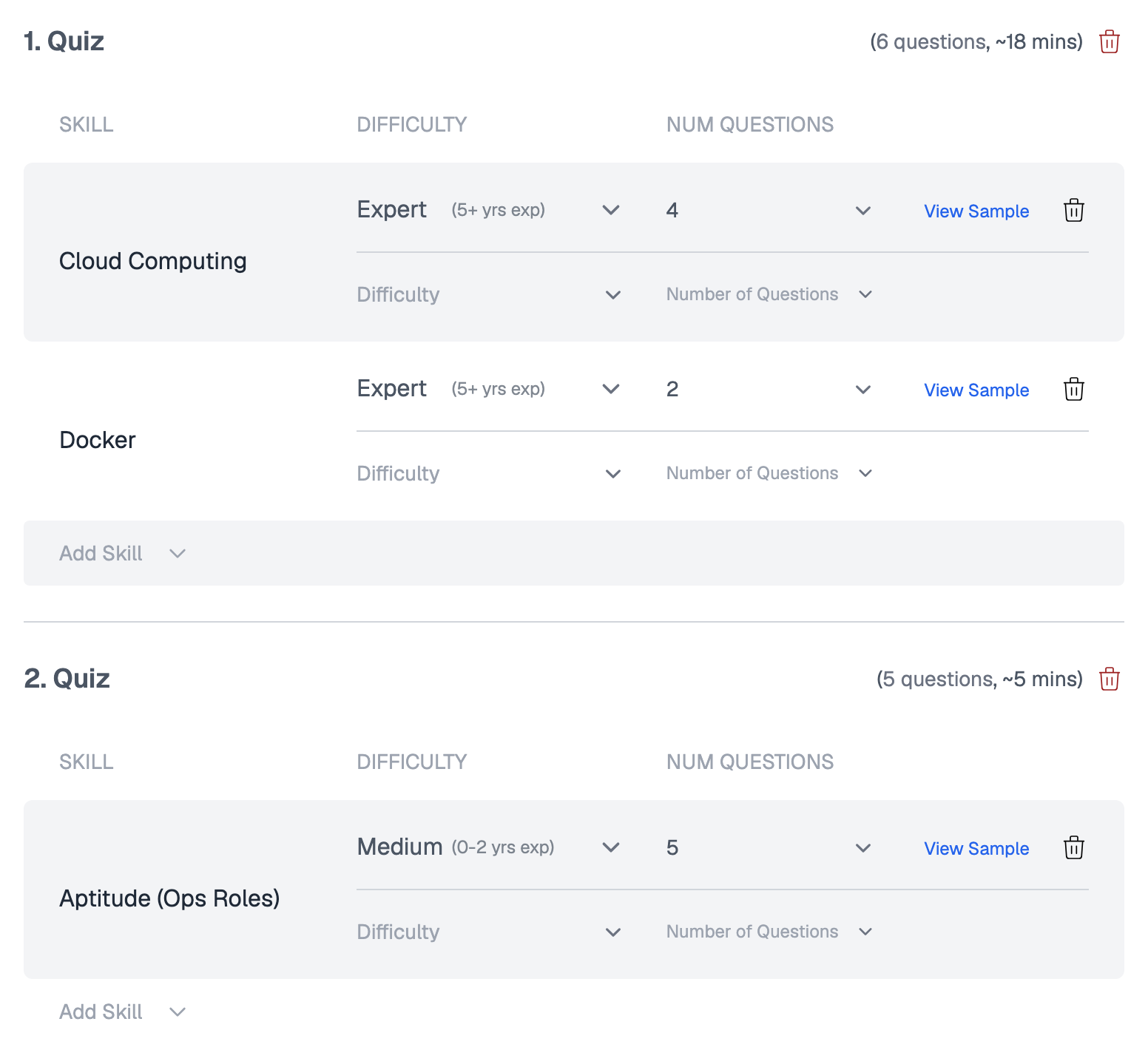 Tests tab of the assessment builder showing Quiz 1 with Cloud Computing and Docker and Quiz 2 with Aptitude (Ops Roles), each with its own skills and question count