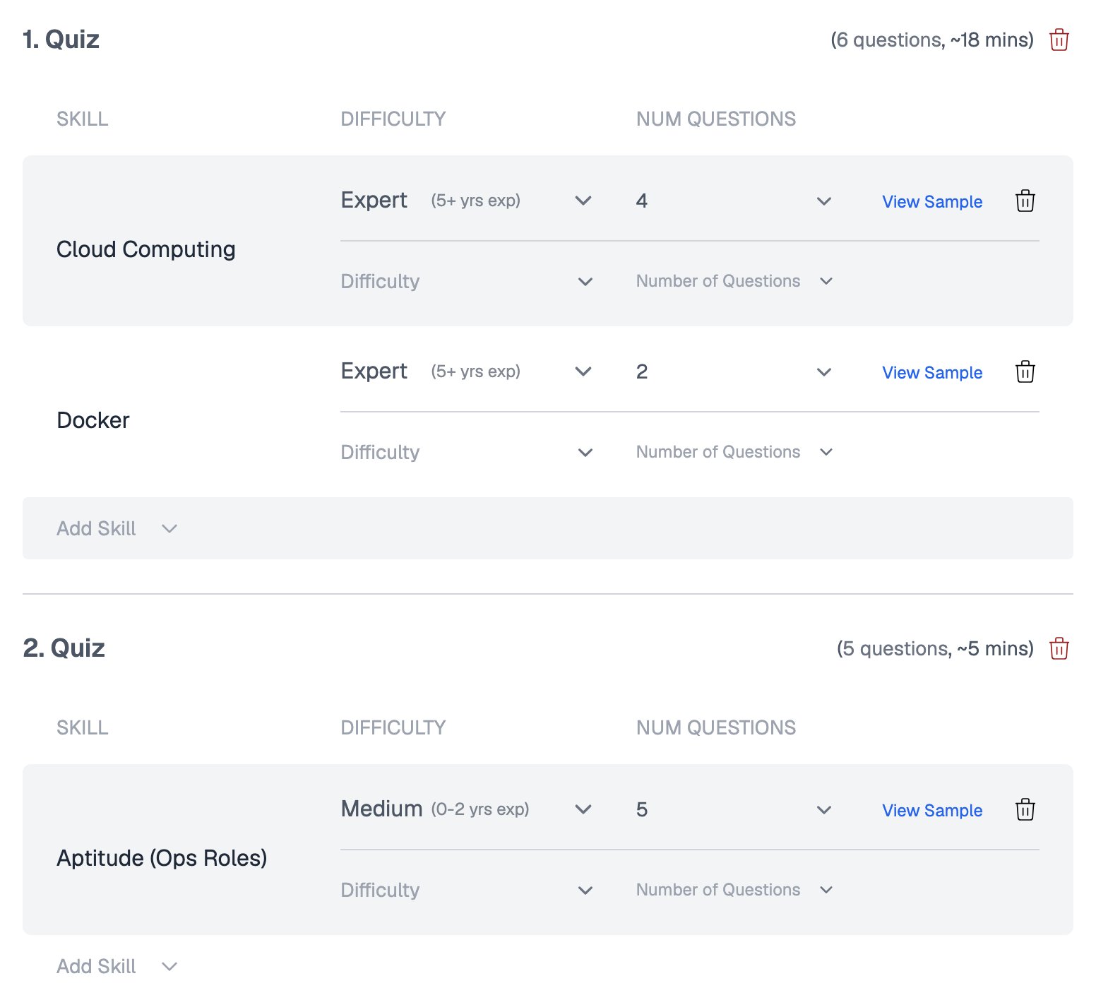 Tests tab of the assessment builder showing Quiz 1 with Cloud Computing and Docker and Quiz 2 with Aptitude (Ops Roles), each with its own skills and question count