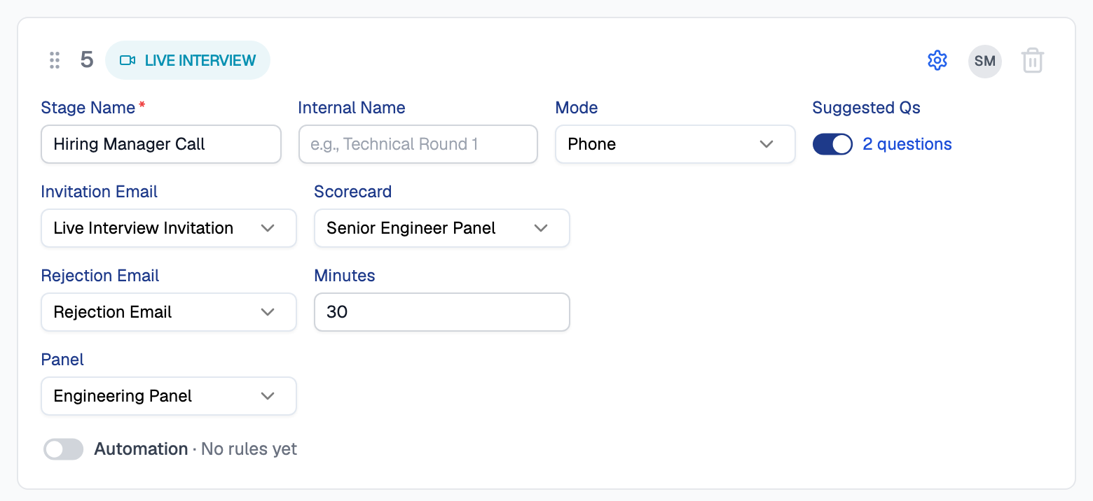 Hiring Manager Call stage card on the Full Stack Developer pipeline showing Mode Phone, Minutes 30, Suggested Qs on with 2 questions, Panel Engineering Panel, Scorecard Senior Engineer Panel and Invitation Email Live Interview Invitation