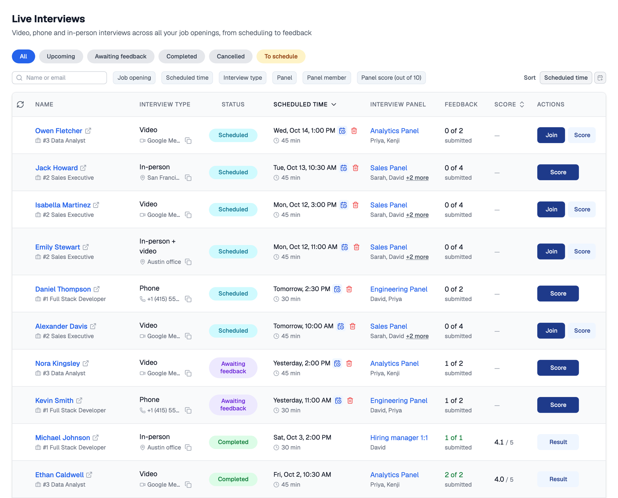 Live Interviews page with the All, Upcoming, Awaiting feedback, Completed, Cancelled and To schedule pills, the filter bar, and ten interviews showing Scheduled, Awaiting feedback and Completed rows with Join, Score and Result actions
