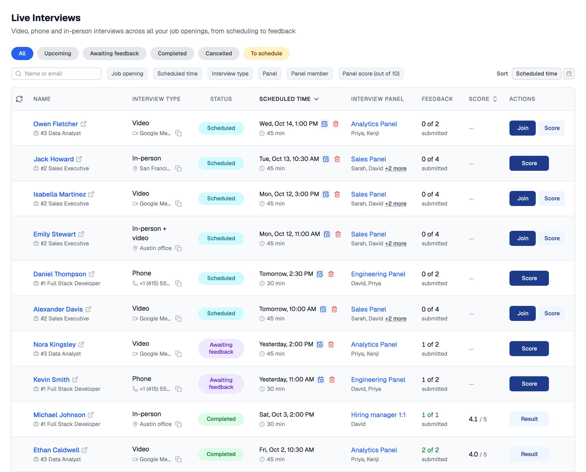 Live Interviews page with the All, Upcoming, Awaiting feedback, Completed, Cancelled and To schedule pills, the filter bar, and ten interviews showing Scheduled, Awaiting feedback and Completed rows with Join, Score and Result actions