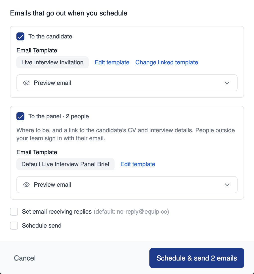 Emails section of the schedule dialog with To the candidate and To the panel ticked, their email templates, the Reply-To and Schedule send options, and the Schedule and send 2 emails button
