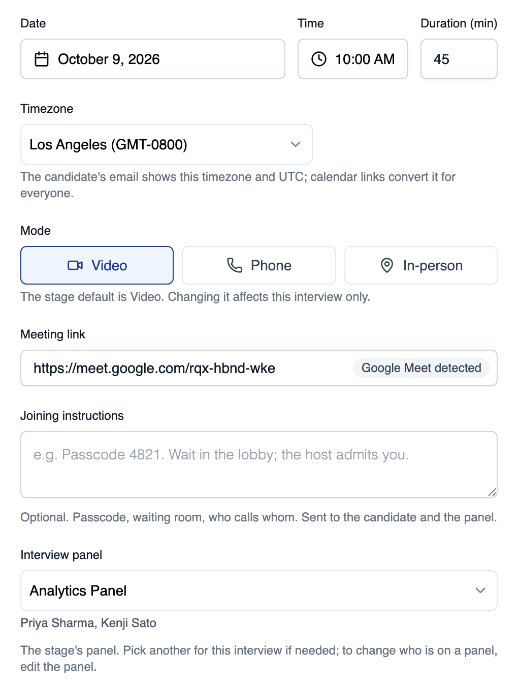 Schedule live interview dialog with the date, time, 45 minute duration, Los Angeles timezone, Video mode selected, a Google Meet link and the Analytics Panel with its members