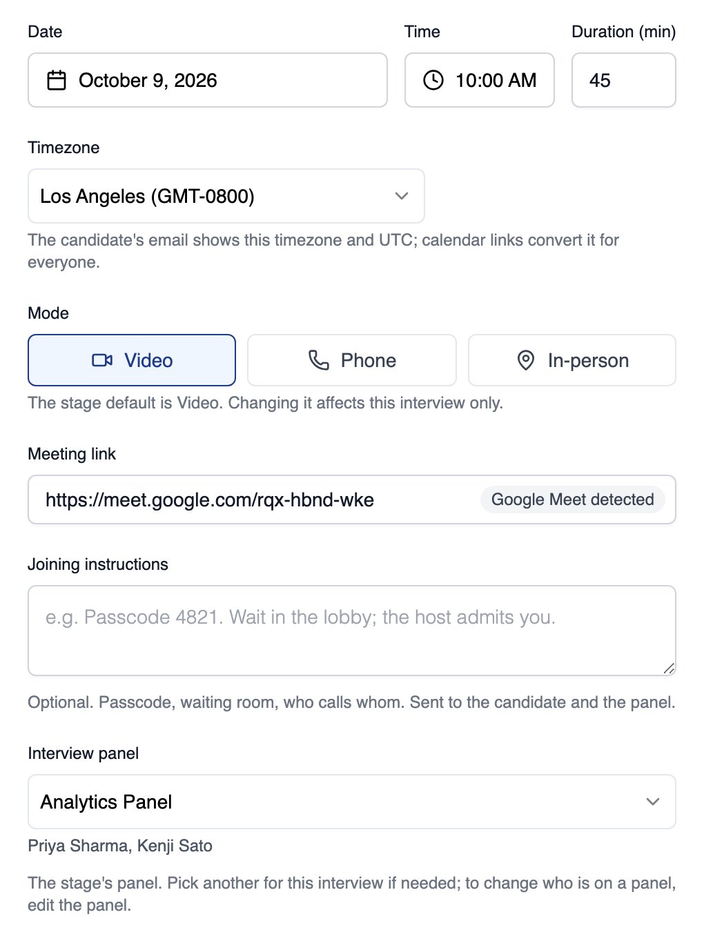 Schedule live interview dialog with the date, time, 45 minute duration, Los Angeles timezone, Video mode selected, a Google Meet link and the Analytics Panel with its members