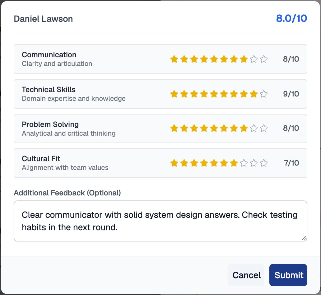 Scorecard form for Daniel Lawson with star ratings of 8 for Communication, 9 for Technical Skills, 8 for Problem Solving and 7 for Cultural Fit, an overall score of 8.0 out of 10, an Additional Feedback box, and Cancel and Submit buttons