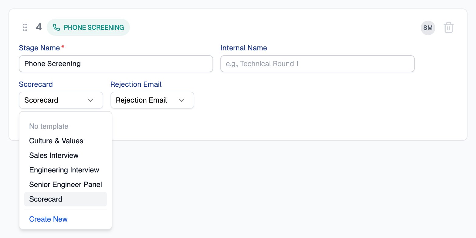 Phone Screening stage in the pipeline builder with Stage Name and Internal Name fields, Scorecard and Rejection Email dropdowns, and the Scorecard dropdown open, listing No template, Culture & Values, Sales Interview, Engineering Interview, Senior Engineer Panel, the Scorecard template which is selected, and Create New