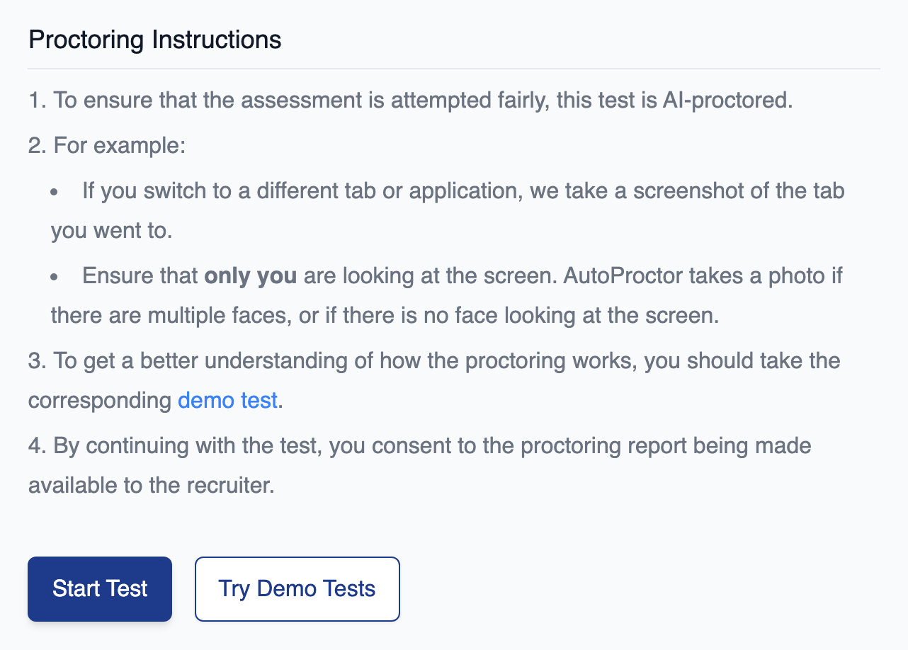 Proctoring Instructions section of a candidate's pre-test screen, a numbered list saying the test is AI-proctored, that switching tabs or having multiple faces on screen is recorded, and that continuing with the test consents to the proctoring report being made available to the recruiter, above the Start Test and Try Demo Tests buttons
