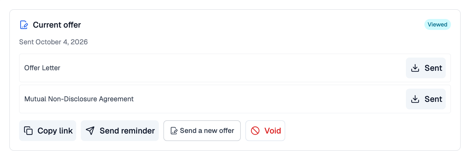 The Current offer card in Reid Jenkins's candidate details with a Viewed status pill, the date it was sent, rows for Offer Letter and Mutual Non-Disclosure Agreement each with a Sent download button, and Copy link, Send reminder, Send a new offer and Void buttons