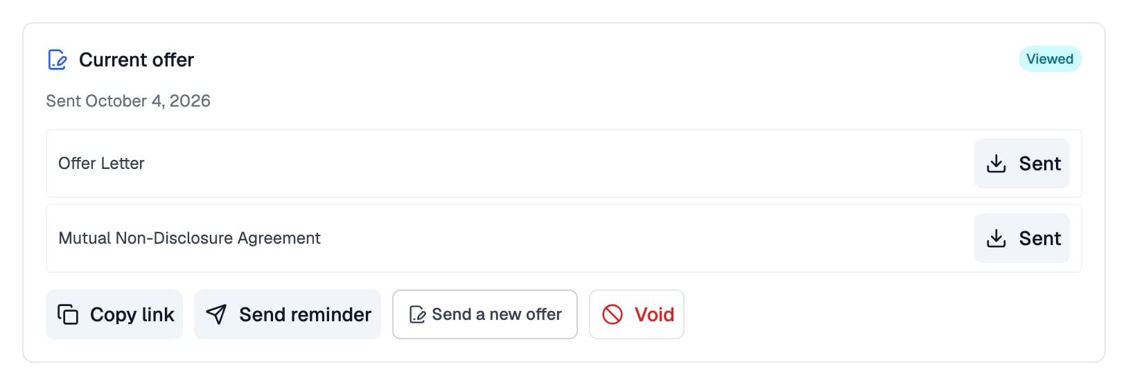 The Current offer card in Reid Jenkins's candidate details with a Viewed status pill, the date it was sent, rows for Offer Letter and Mutual Non-Disclosure Agreement each with a Sent download button, and Copy link, Send reminder, Send a new offer and Void buttons