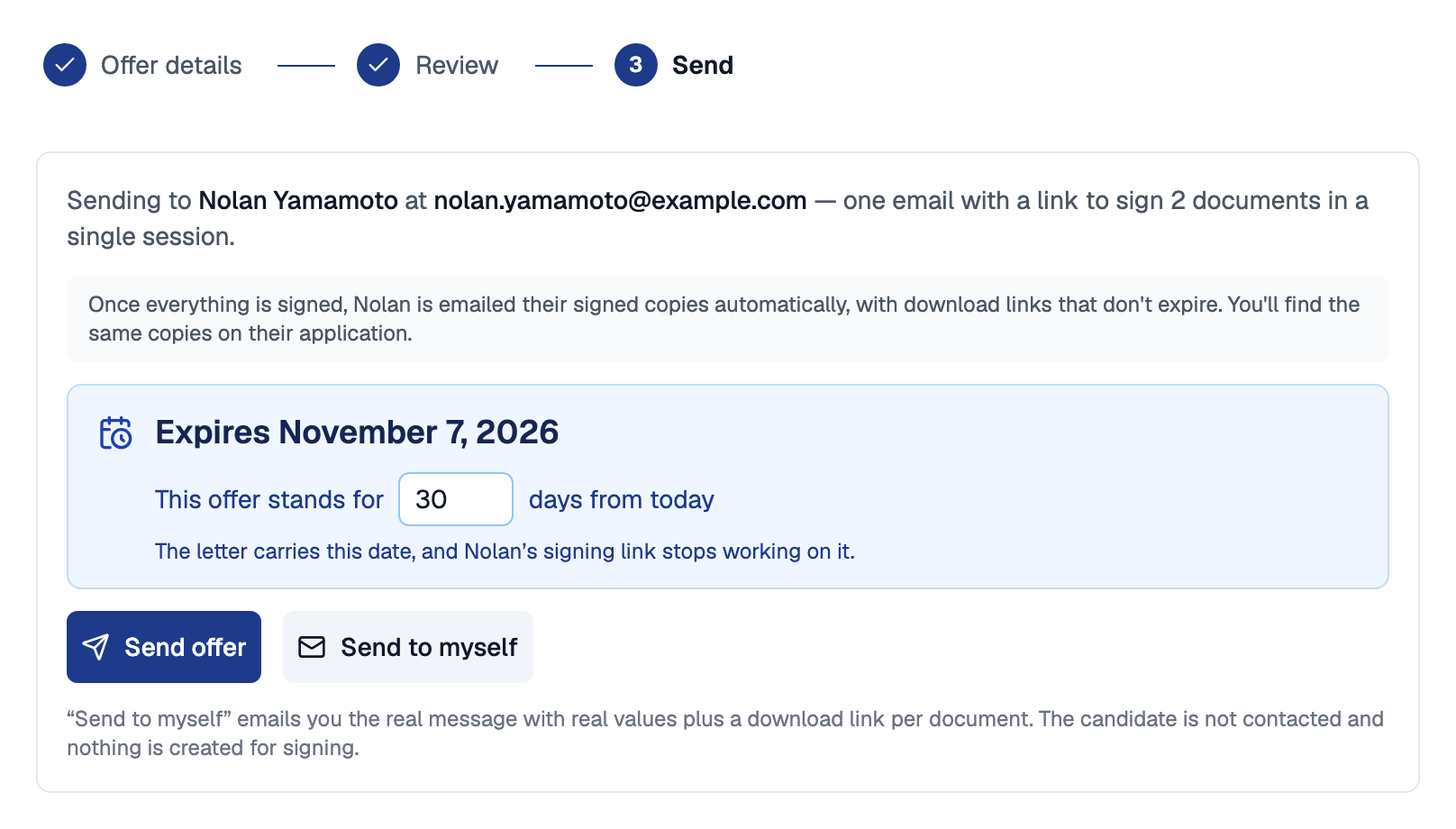 The Send offer page on step 3 of 3 for Nolan Yamamoto, saying one email with a link to sign 2 documents goes to nolan.yamamoto@example.com, a note that signed copies are emailed automatically, a blue box reading Expires with a date 30 days out and This offer stands for 30 days from today, and the Send offer and Send to myself buttons