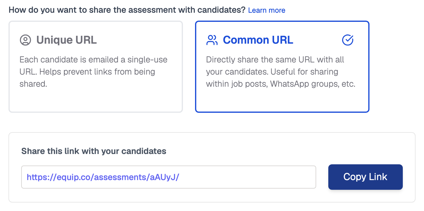 Invite page asking how to share the assessment, with a Unique URL card and a selected Common URL card, and below them a Share this link with your candidates box holding the assessment link and a Copy Link button