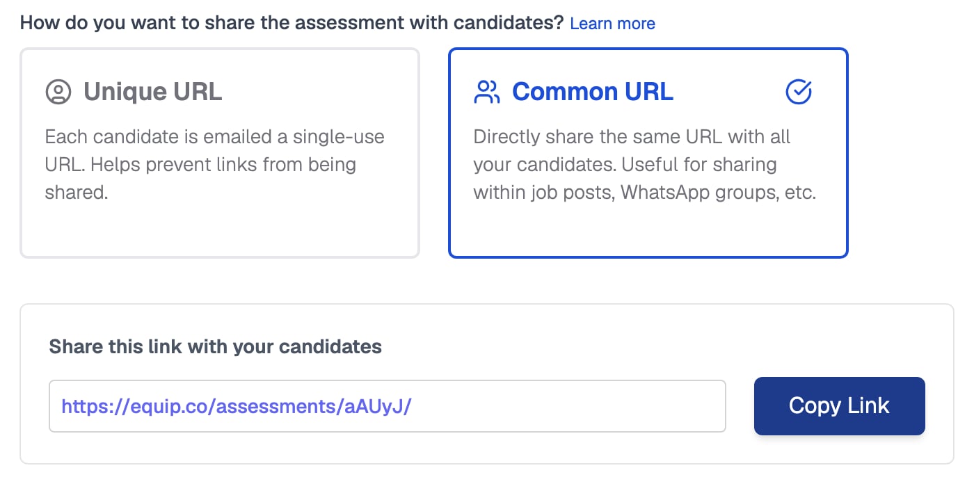 Invite page asking how to share the assessment, with a Unique URL card and a selected Common URL card, and below them a Share this link with your candidates box holding the assessment link and a Copy Link button