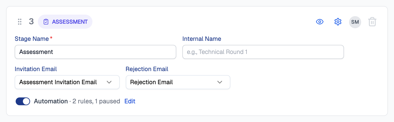 Assessment stage card in the Candidate Pipeline tab with Stage Name, Internal Name, Invitation Email and Rejection Email fields, and below them the Automation switch turned on, reading Automation, 2 rules, 1 paused, with an Edit link