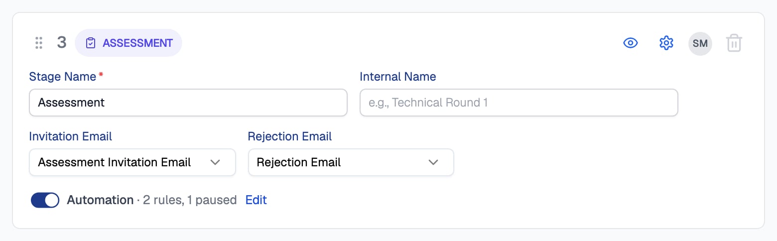 Assessment stage card in the Candidate Pipeline tab with Stage Name, Internal Name, Invitation Email and Rejection Email fields, and below them the Automation switch turned on, reading Automation, 2 rules, 1 paused, with an Edit link