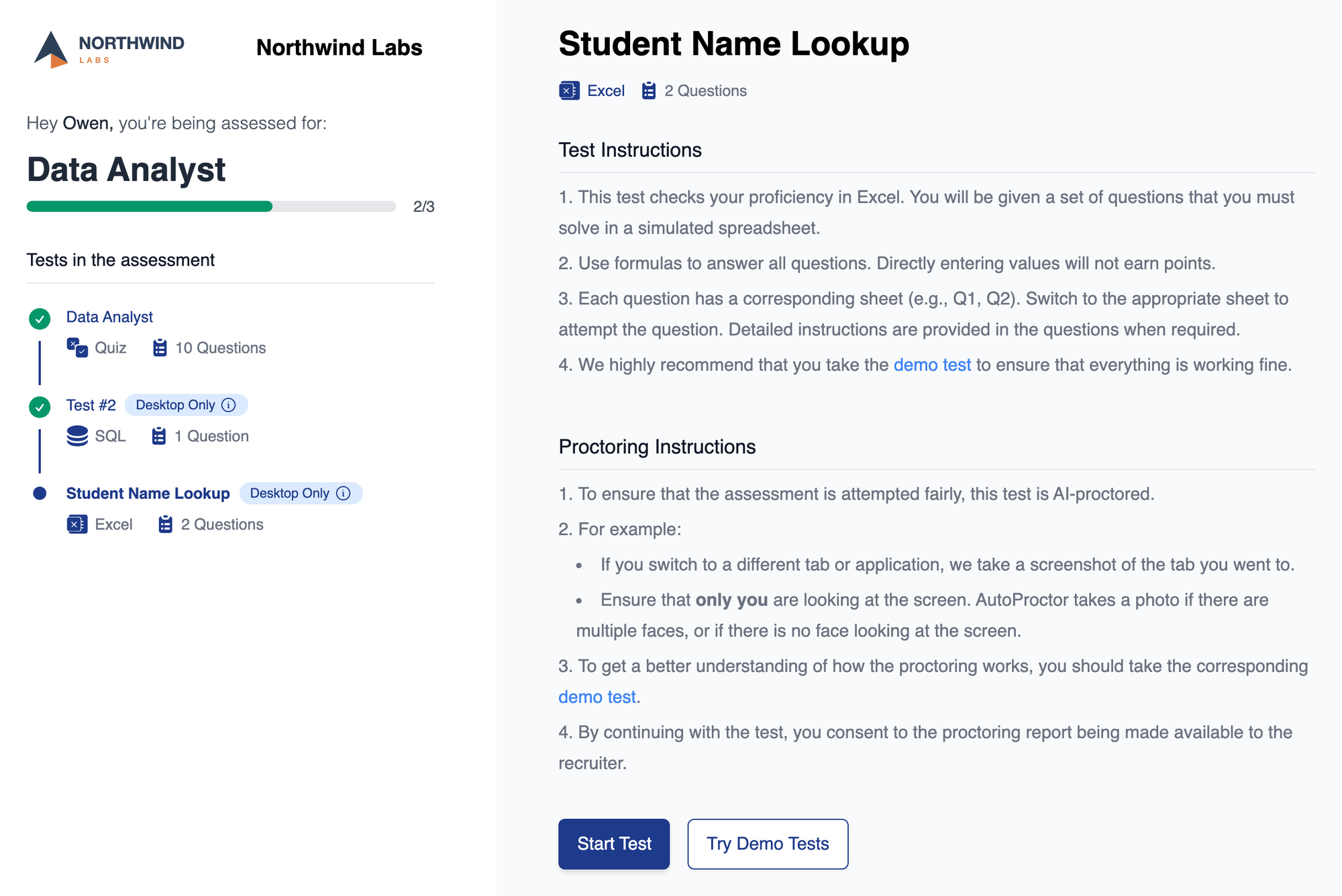 Instructions page for a Data Analyst assessment at Northwind Labs, greeting the candidate by name, showing 2 of 3 tests done with a quiz and a SQL test ticked and an Excel test next, beside the Excel test's instructions, proctoring instructions, and Start Test and Try Demo Tests buttons