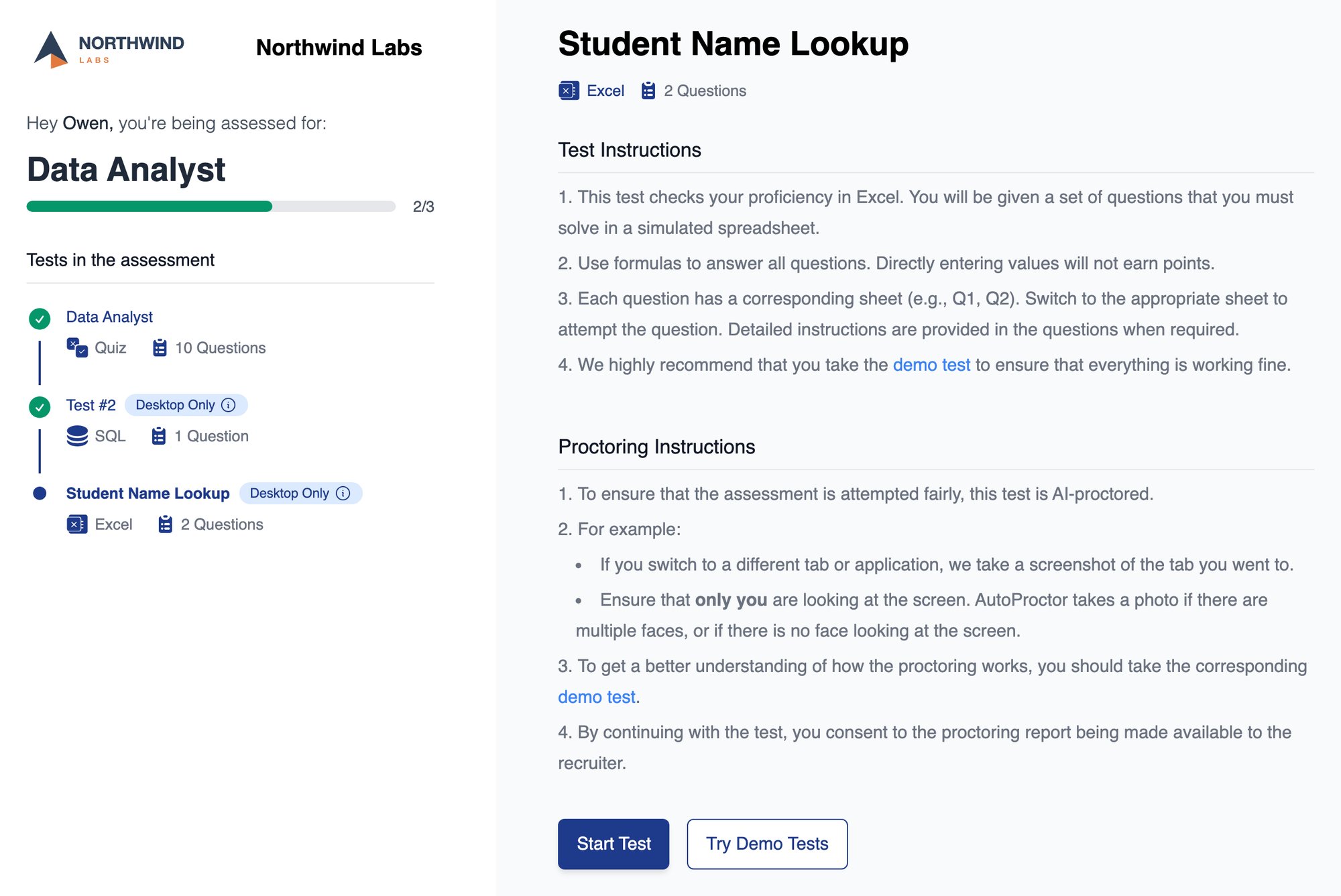 Instructions page for a Data Analyst assessment at Northwind Labs, greeting the candidate by name, showing 2 of 3 tests done with a quiz and a SQL test ticked and an Excel test next, beside the Excel test's instructions, proctoring instructions, and Start Test and Try Demo Tests buttons