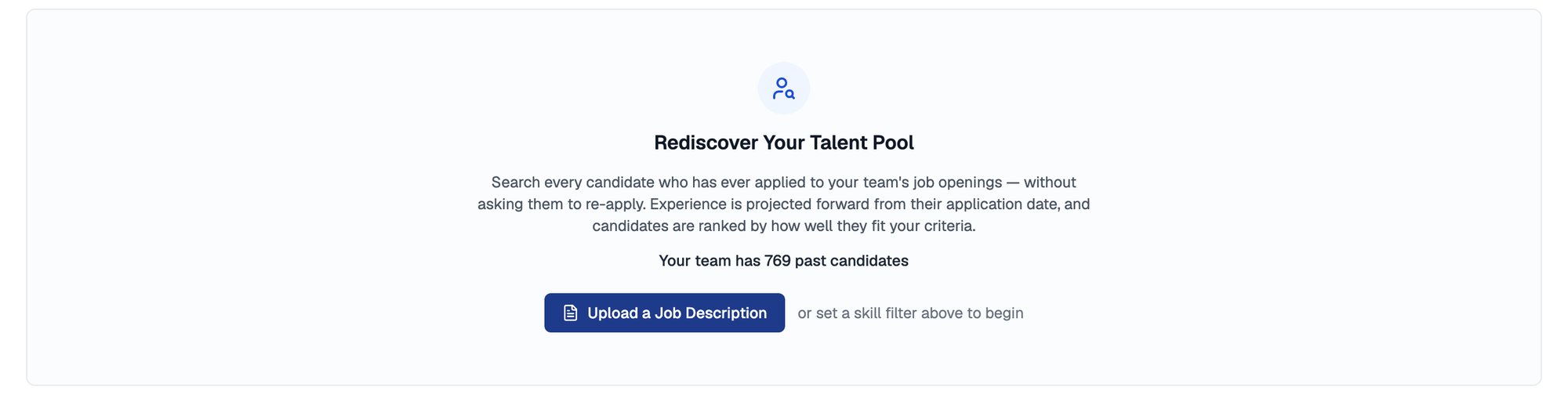 Talent Rediscovery empty state headed Rediscover Your Talent Pool, noting how many past candidates the team has, with an Upload a Job Description button