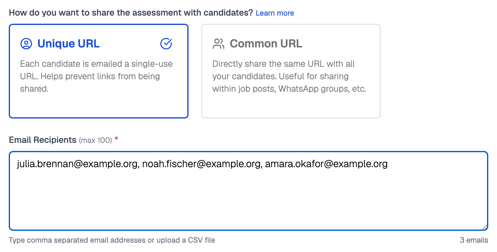 Send Email Invitations form with Unique URL selected over Common URL and three candidate email addresses typed into the Email Recipients box