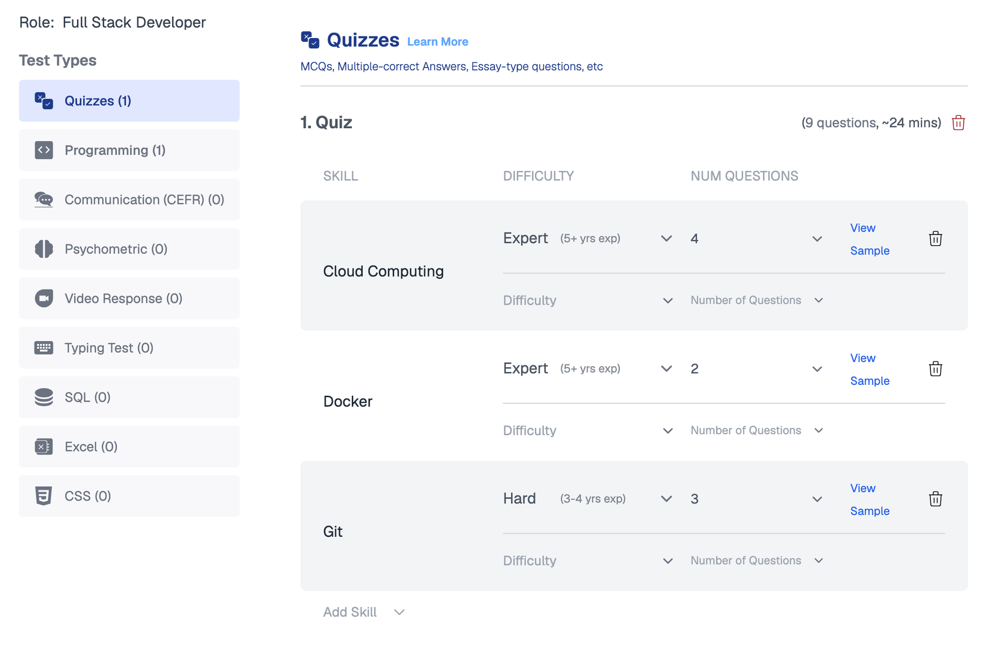 Assessment builder for the Full Stack Developer role, with the list of test types on the left and a quiz on the right covering Cloud Computing, Docker and Git, each with a difficulty and number of questions, and an Add Skill control below