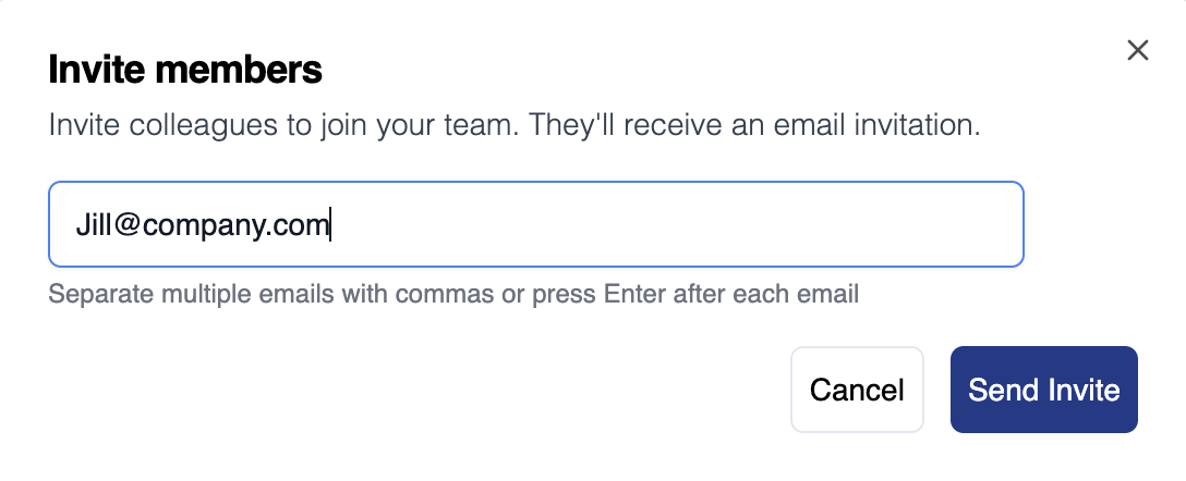 Invite members dialog with an email address entered