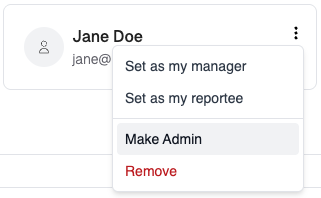 Team member actions menu with the Make Admin option highlighted