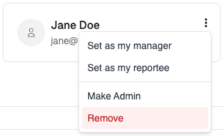Team member actions menu with Set as my manager, Set as my reportee, Make Admin, and Remove options