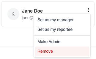Team member actions menu with Make Admin and Remove options