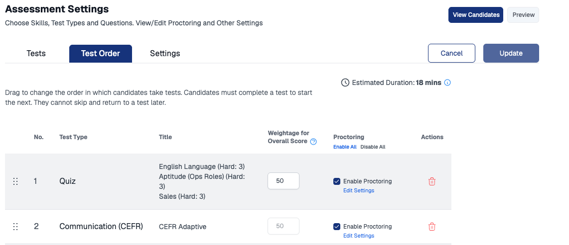 Test Order tab with an Edit Settings link under the Proctoring column for each test