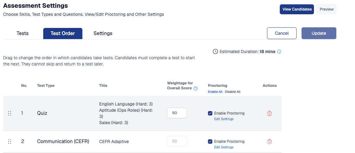 Test Order tab with an Edit Settings link under the Proctoring column for each test