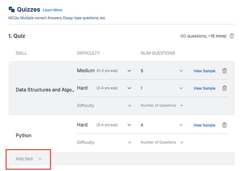 Tests tab with two skills, Data Structures and Algorithms and Python, added to the same quiz