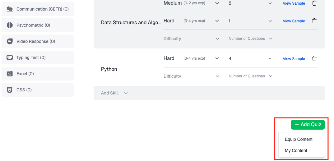 Tests tab showing a quiz configured with two skills and the Add Skill and Add Quiz options