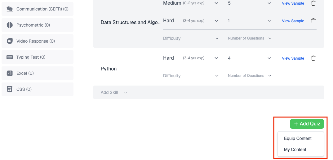 Tests tab showing a quiz configured with two skills and the Add Skill and Add Quiz options