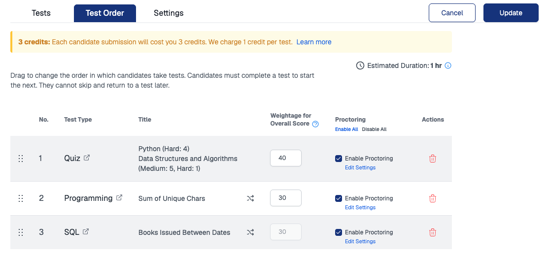 Test Order tab with weightage inputs of 40, 30, and 30 across three tests