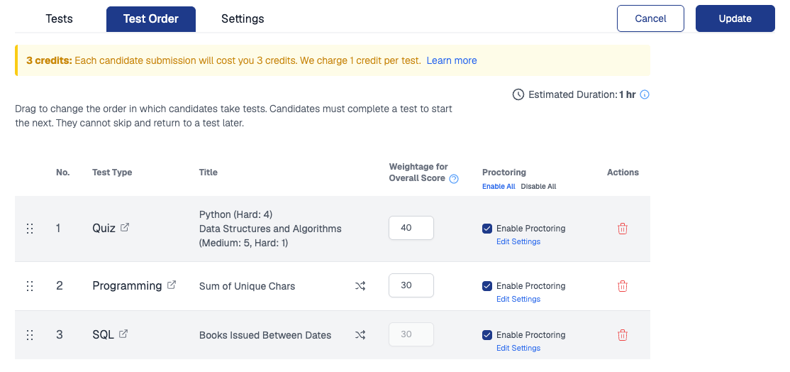 Test Order tab with weightage inputs of 40, 30, and 30 across three tests