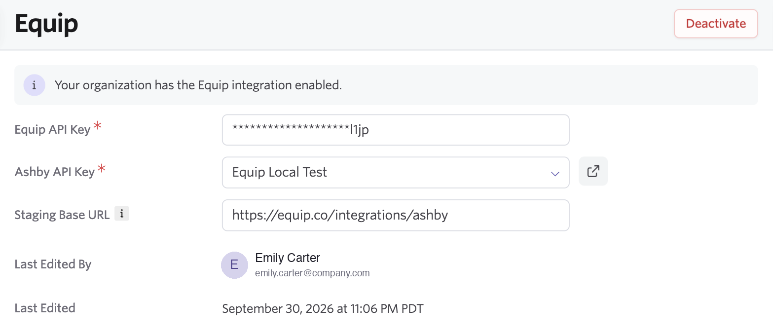 Ashby's Equip integration panel with the Equip API Key, Ashby API Key and base URL fields filled in