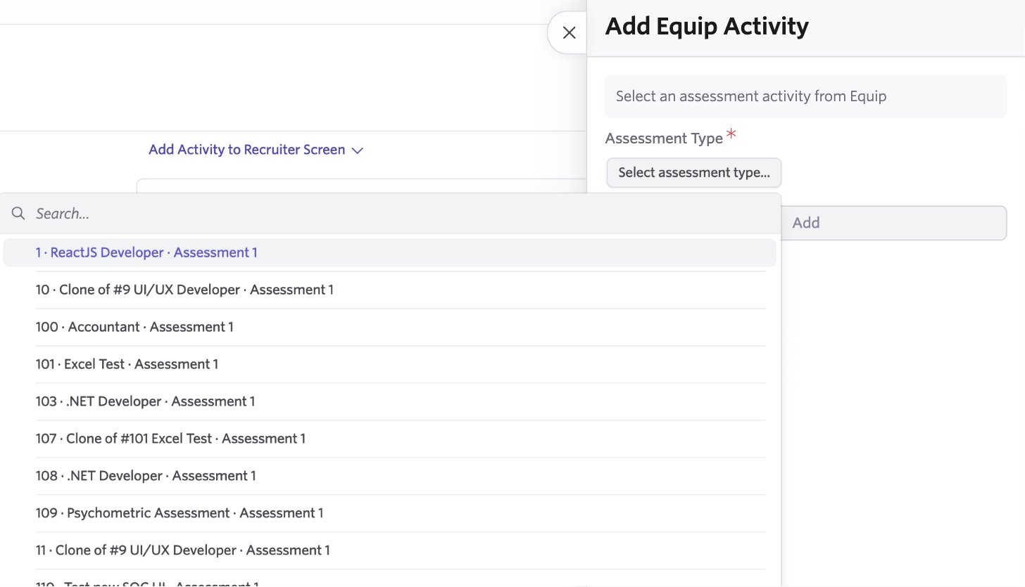 Ashby's Add Equip Activity panel with the assessment picker open