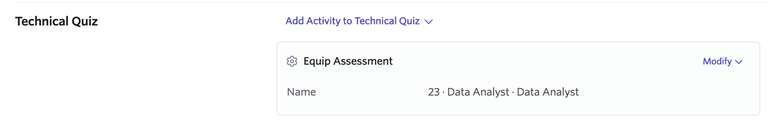 A Technical Quiz stage in an Ashby interview plan with an Equip Assessment activity named 23 · Data Analyst · Data Analyst