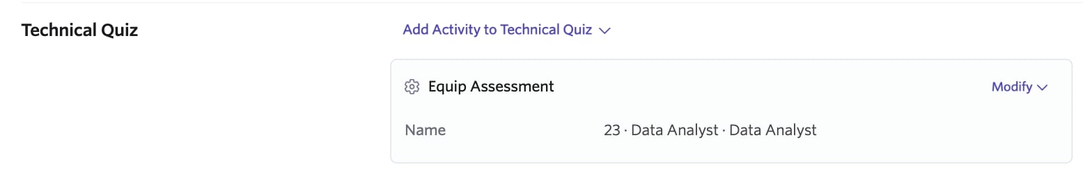 An Ashby interview plan stage with an Equip Assessment activity