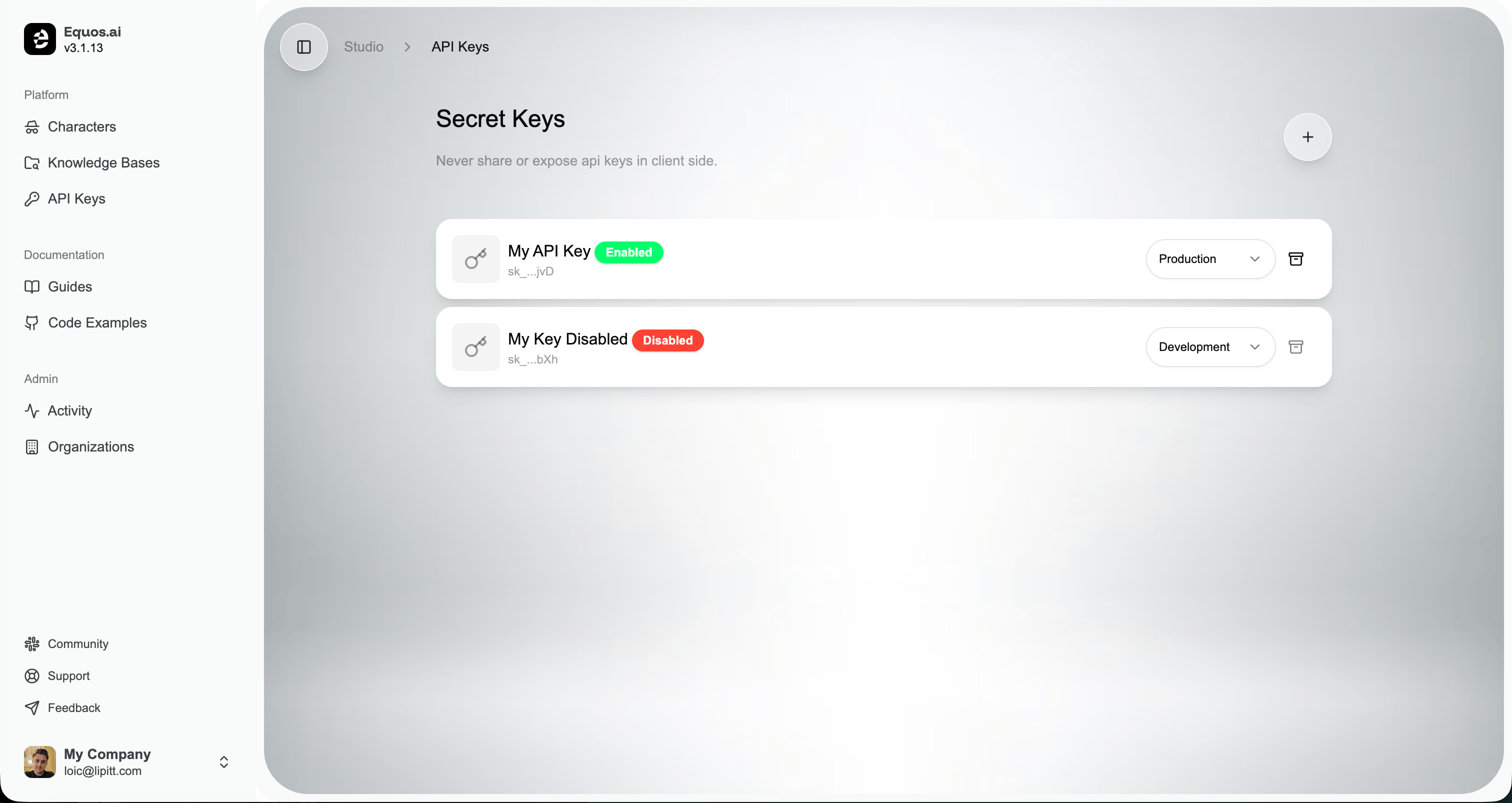 API Keys page in the Equos Studio