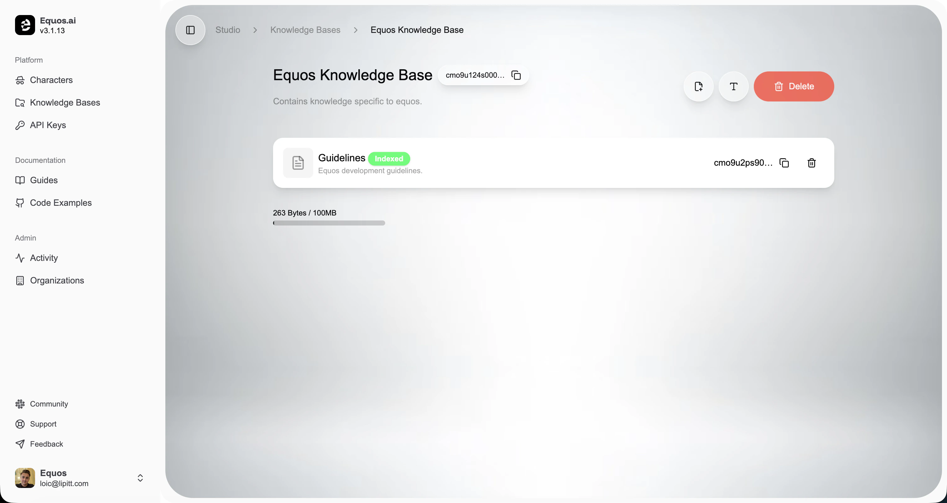 Knowledge base with indexed documents in the Equos Studio