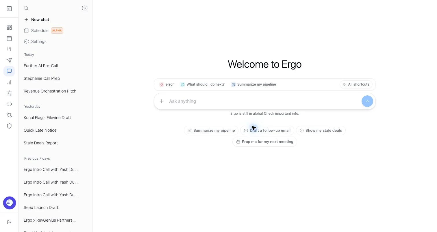 Product screenshot showing Ergo AI chat, sources, actions, and scheduled runs.