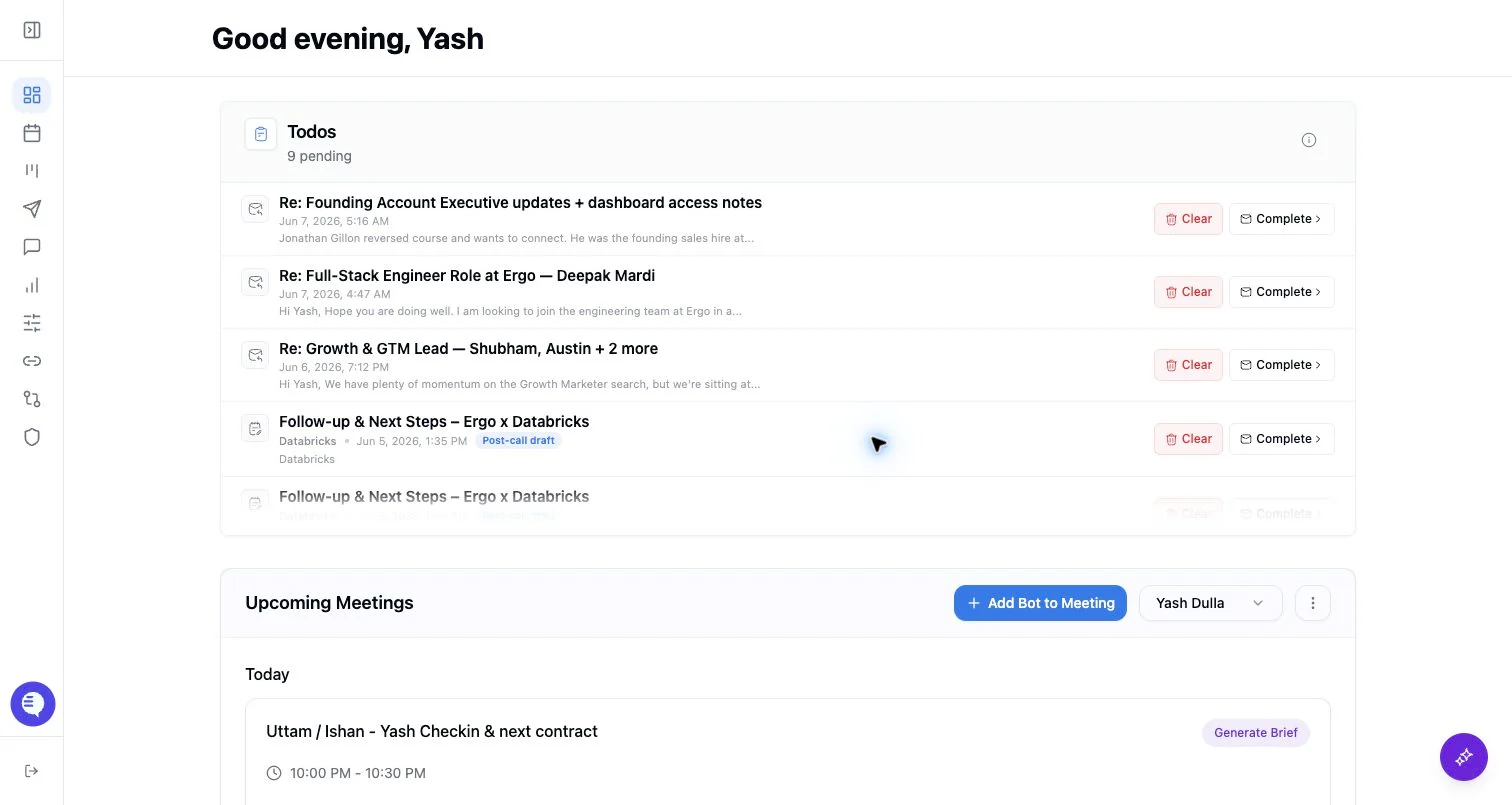 Product screenshot showing the Ergo dashboard and main navigation.