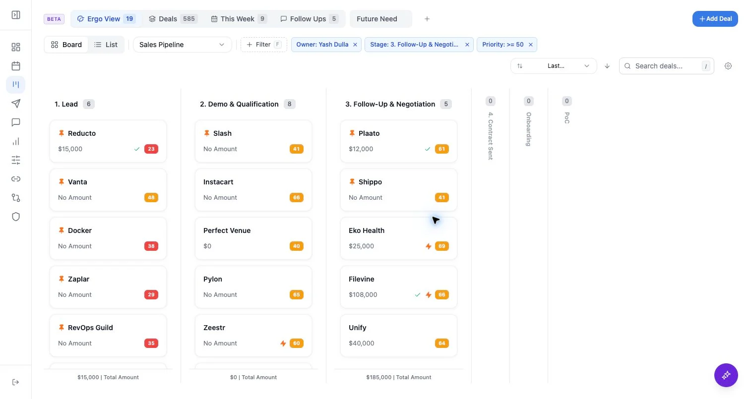 Product screenshot showing pipeline views, filters, deal health, and CRM context.