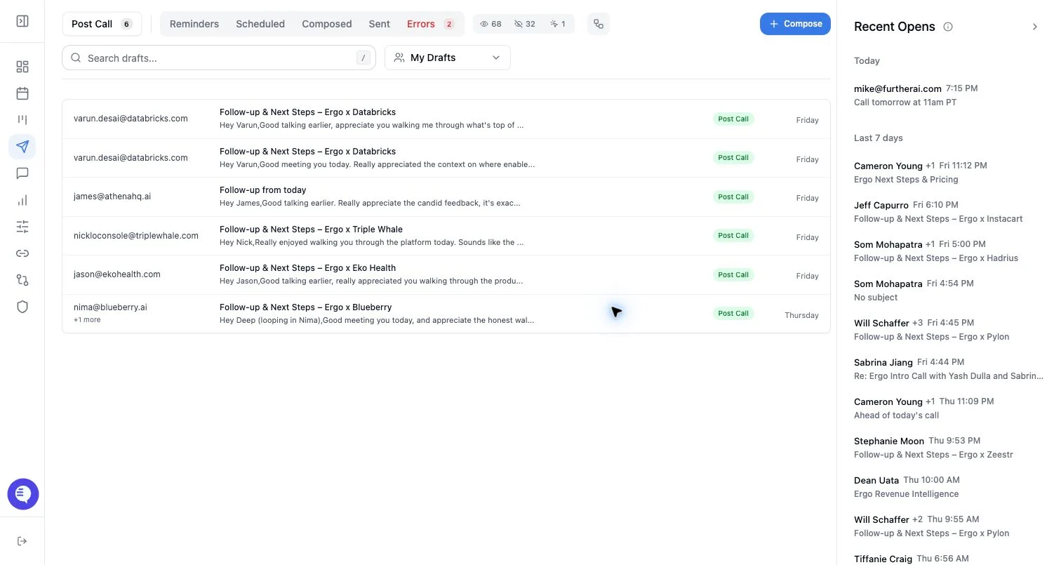 Product screenshot showing draft queues, review controls, and send states.