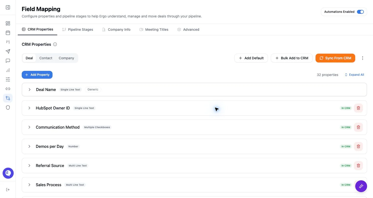 Product screenshot showing CRM properties, pipeline stages, permissions, and sync checks.