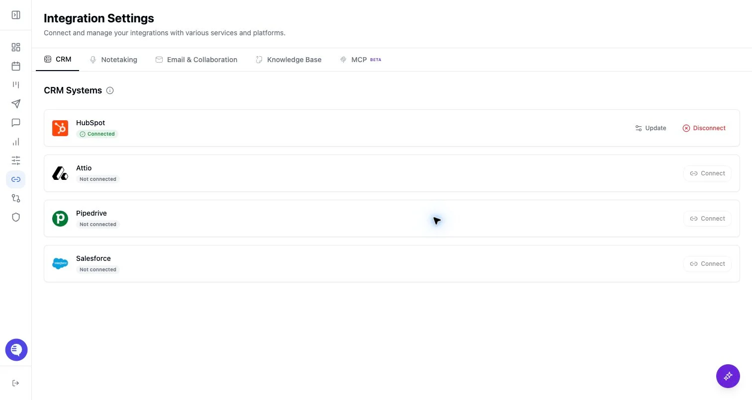 Product screenshot showing integration settings for connected sources.