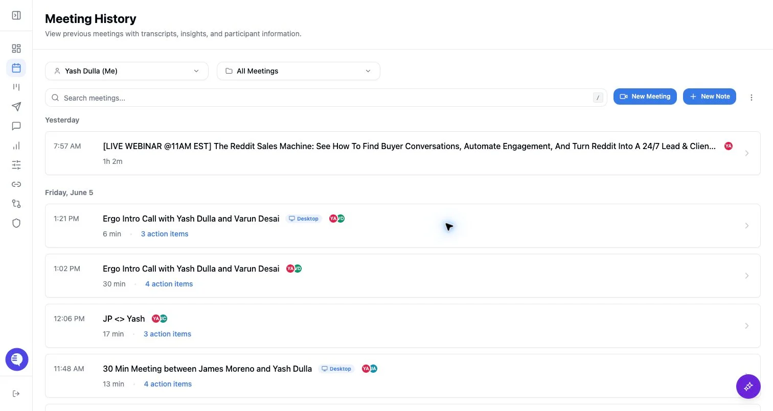 Product screenshot showing the meetings dashboard for meeting history and capture.