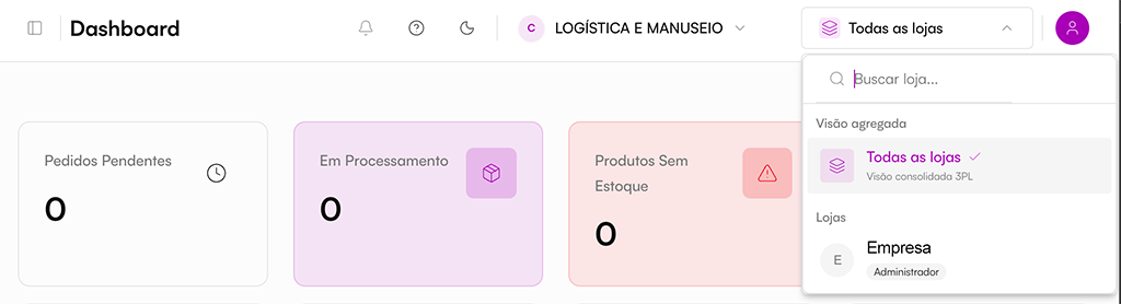 Dashboard do ERPulse com StoreSelector mostrando 'Todas as lojas'